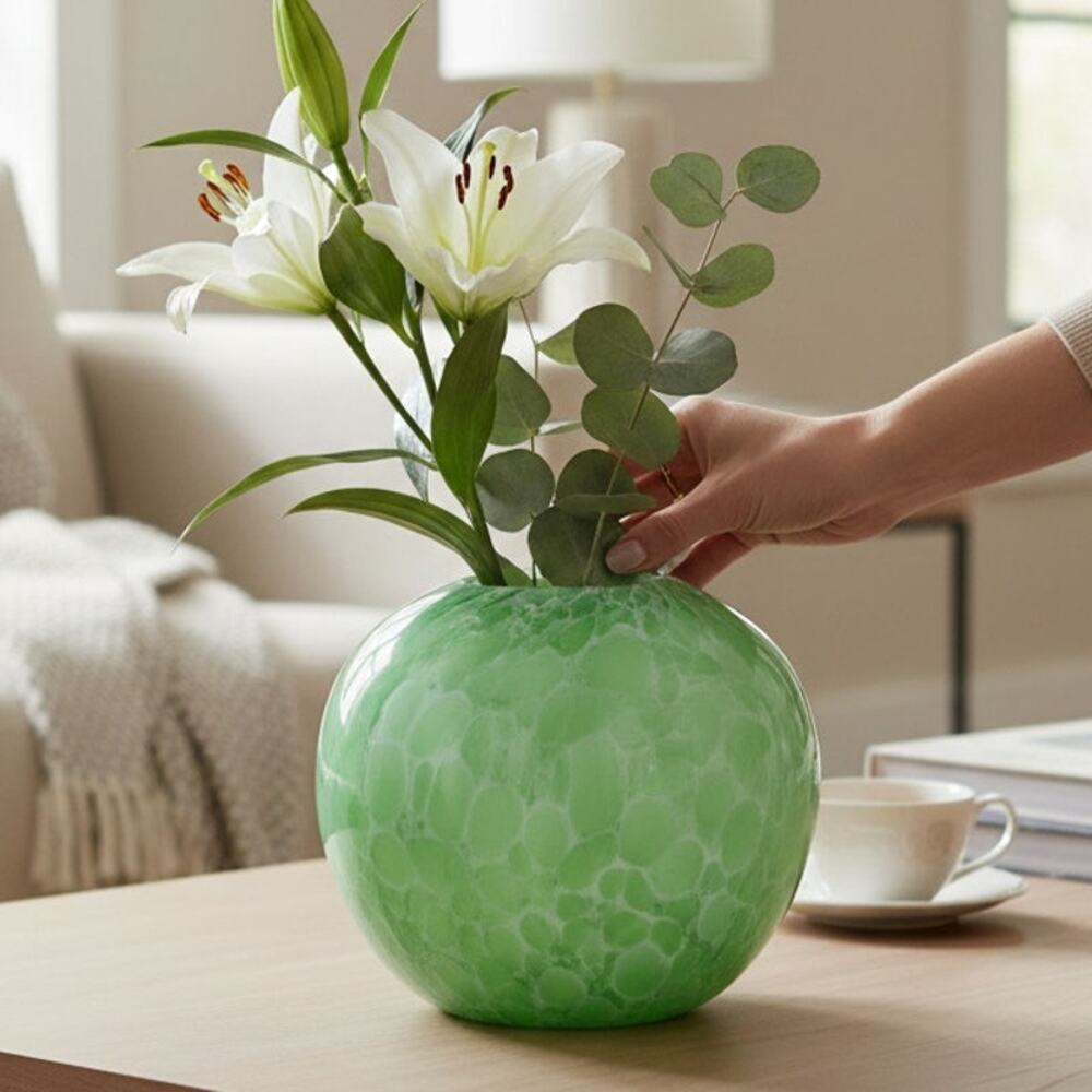 Vintage Vase Green Spatter Glass Art Globe Vase White Webbed Pattern 8 in Tall